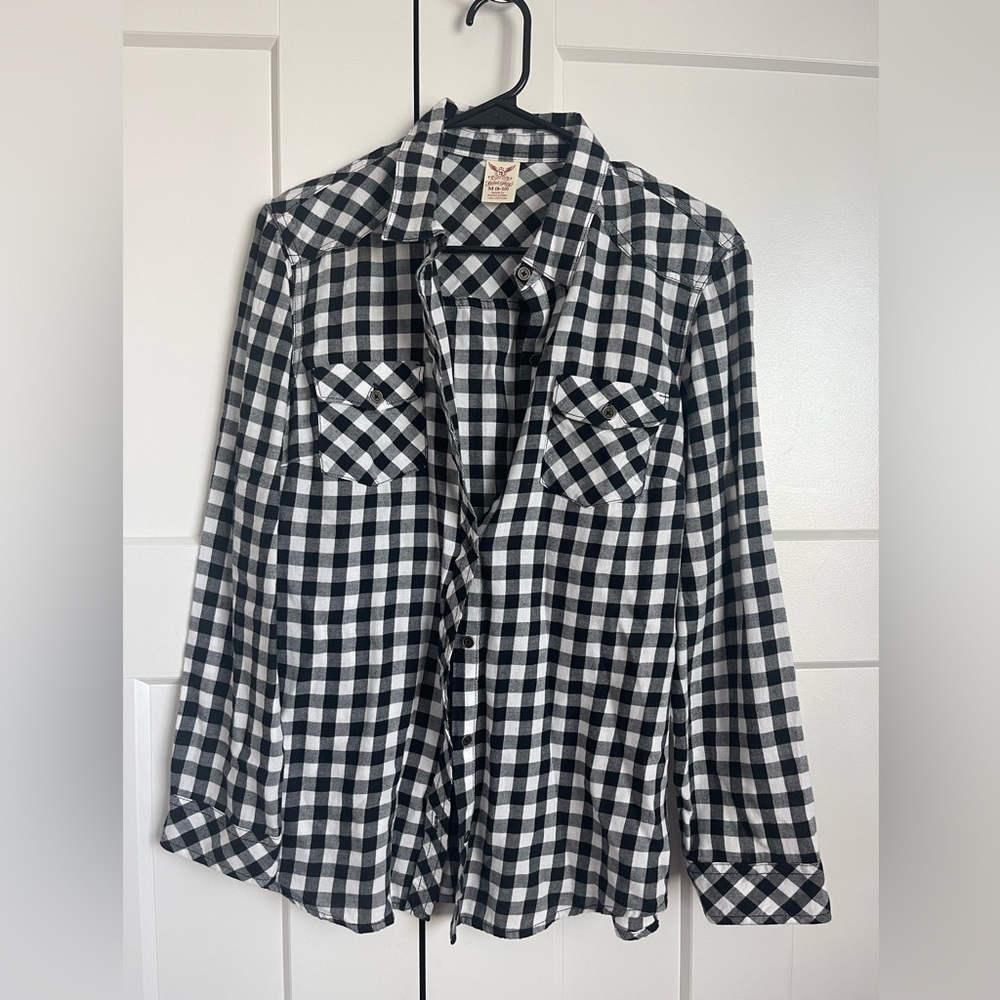 Faded Glory Black & White Gingham Button Down | M